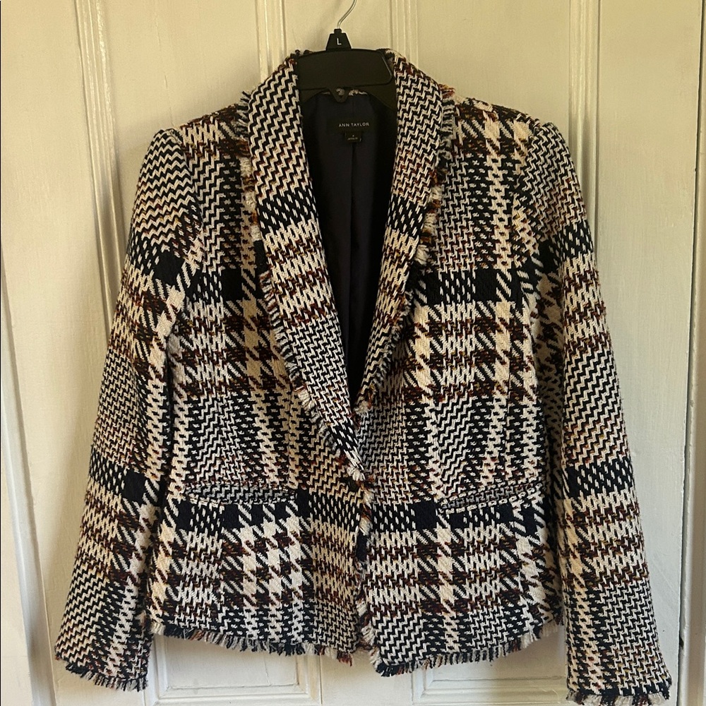 Ann Taylor Navy, Brown and Cream Plaid Blazer